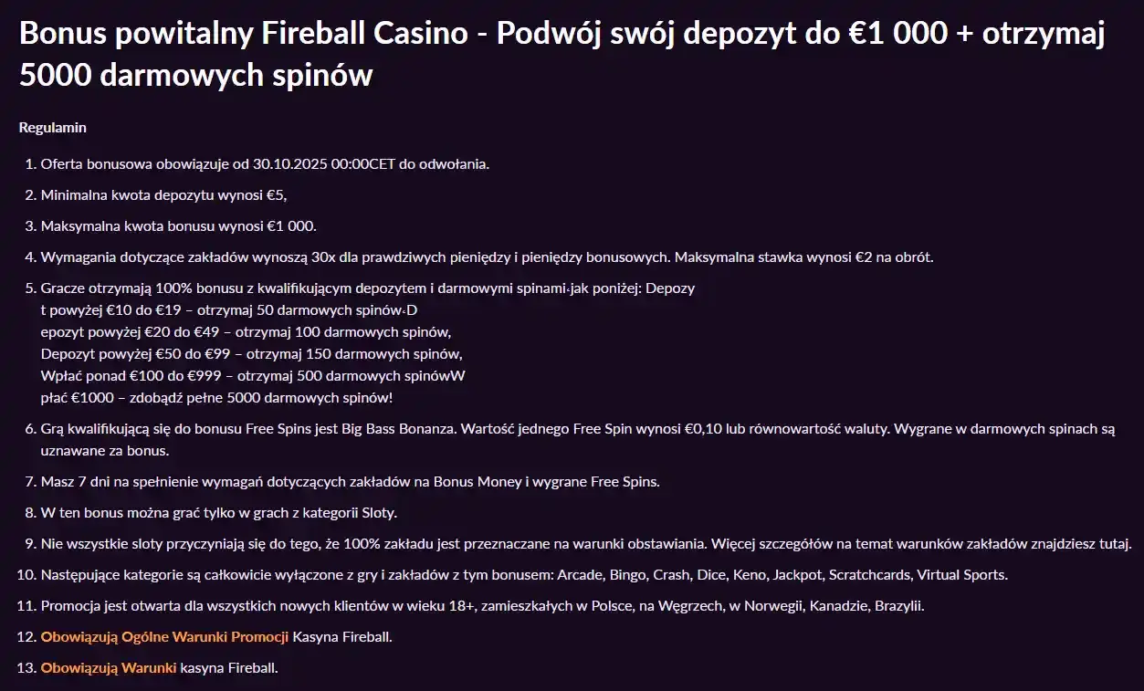 Bonus Fireball Casino w Polsce – warunki i darmowe spiny