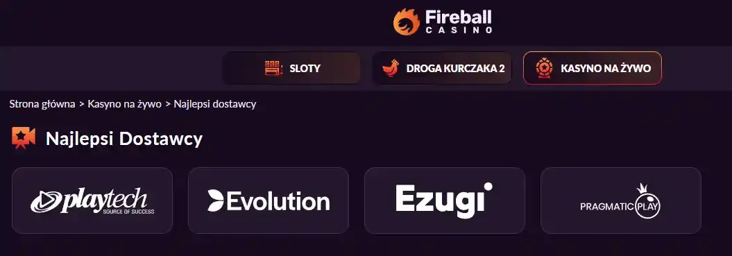 Sekcja kasyna na żywo Fireball z listą dostawców transmisji